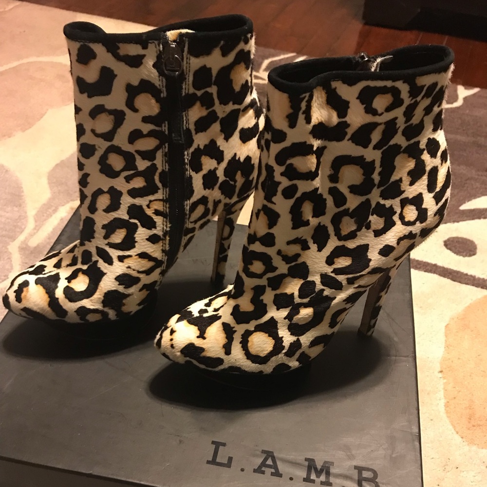 L.A.M.B Leopard Fur ankle boots